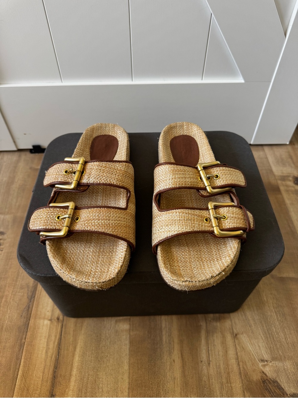 J. Crew Natural Woven Double-Buckle Slide Sandals with Gold Hardware